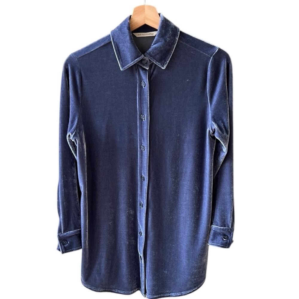Soft Surroundings Petit XS Velvet Blue Jean Boyfriend Long Slv Button DownShirt